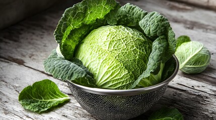 Fresh Green Savoy Cabbage in Metal Bowl Wooden Background