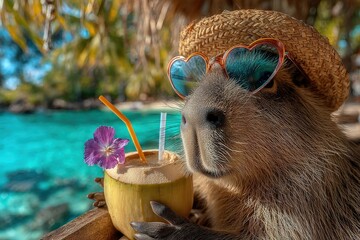 Capybara enjoying a refreshing coconut drink on a sunny beach with clear blue waters