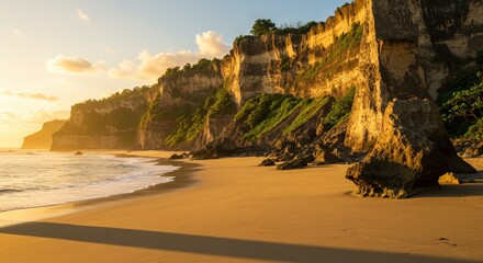Ocean Coast with Tall Cliffs and Golden Sand