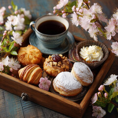 Sweet Pastries and Coffee with Spring Blossoms on Wooden Tray