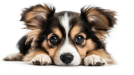 Fototapeta premium Adorable Puppy Lying Down, Fluffy Dog Portrait, Cute Pet Closeup