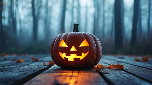 Glowing jack o lantern on wooden table in foggy autumnal forest halloween decoration