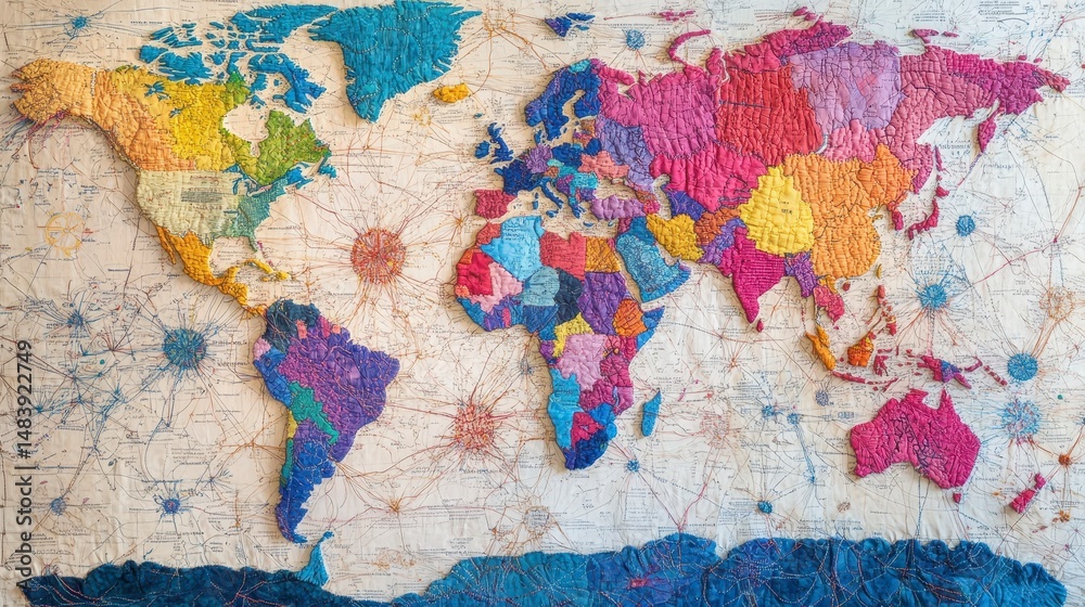 Poster colorful world map with interconnected countries.