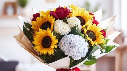 Fototapeta premium Vibrant Sunflower and Hydrangea Bouquet in Paper Wrapper