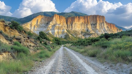 Scenic dirt road winding through colorful mountain landscape