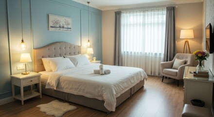 Serene Bedroom Interior Design - Luxurious bedroom with king-size bed, plush bedding, and elegant decor. Natural light streams through sheer curtains