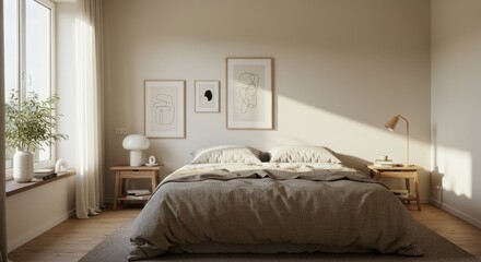 Serene Bedroom Interior Design - Minimalist bedroom with natural light, linen bedding, and neutral tones. Creating a calm and peaceful atmosphere