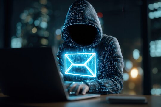 Hacker in hoodie with digital envelope, cybercrime concept.