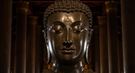 Fototapeta premium Serene Bronze Buddha Statue - Close-up of a serene bronze Buddha statue, showcasing intricate details and a peaceful expression. The dark background highlights the statue's beauty