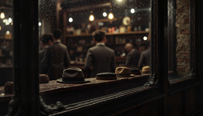 Vintage hats on windowsill of dimly lit bar at night