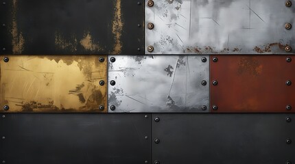 Industrial metal panel wall with multicolored textures in black, gold, silver, and rust tones, showcasing raw materials, aging, and grunge design aesthetics ideal for backgrounds and backdrops.

