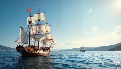 Obraz premium Majestic sailing ship on calm blue sea against mountains