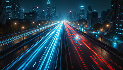 City highway light trails with urban skyline at night