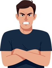 Angry man with crossed arms showing frustration and intense expression vector illustration 