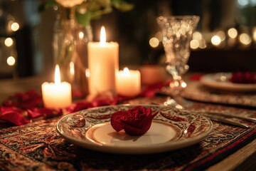Naklejka premium Elegant table setting with candles and rose petals.