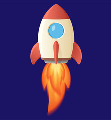 Colorful cartoon rocket in a semi-realistic style with soft shading and clear outlines. Isolated on dark blue. Perfect for kids’ space-themed materials, games, books, or educational content.