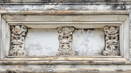 Obraz premium Weathered stone relief with ornate carvings and blank spaces, showing age and texture.