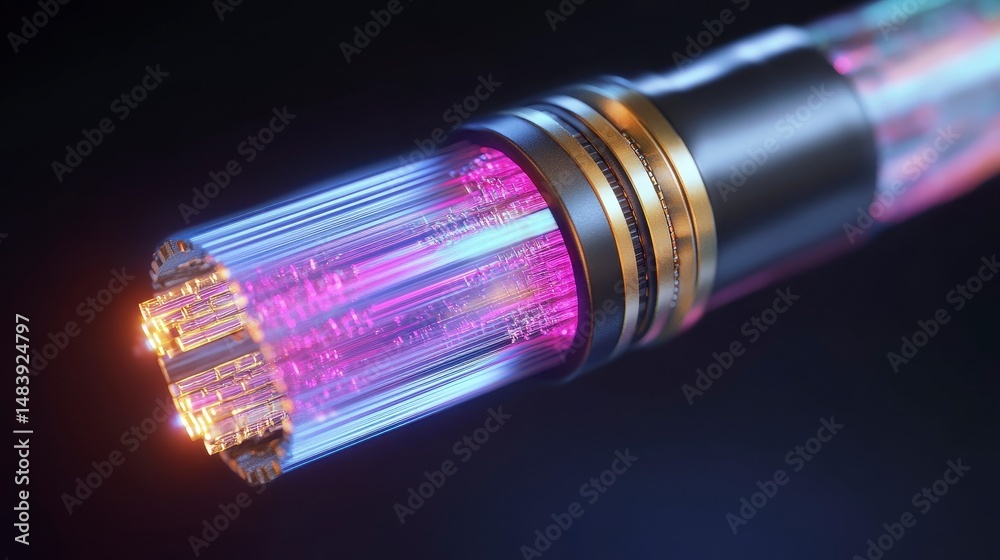 Poster close-up of a futuristic fiber optic cable, showcasing its internal structure and glowing core.