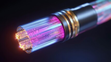 Close-up of a futuristic fiber optic cable, showcasing its internal structure and glowing core.
