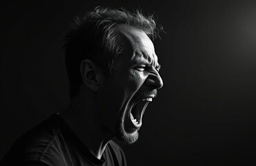 Dramatic black and white portrait of man screaming. Intense emotion expression. Angry male face profile. Artistic monochrome photography with strong shadows. Face closeup.