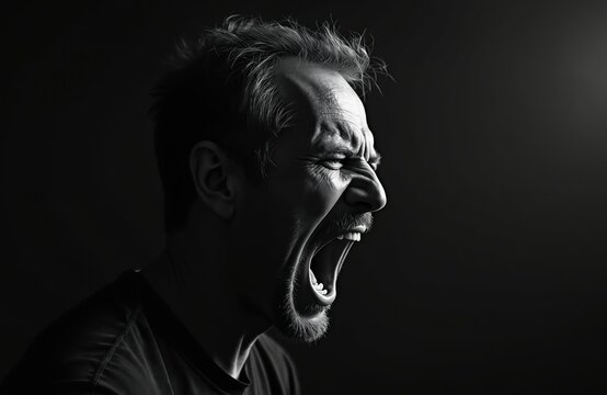 Dramatic black and white portrait of man screaming. Intense emotion expression. Angry male face profile. Artistic monochrome photography with strong shadows. Face closeup.