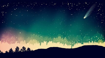 Obraz premium Astrophotography Comet Composition, Night Sky with Comet and Colorful Aurora Borealis Over Landscape