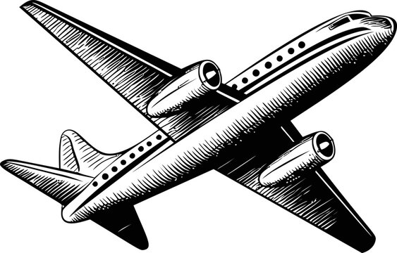 Black and white illustration of a passenger airplane in flight, detailed drawing. Vector illustration in sketch style