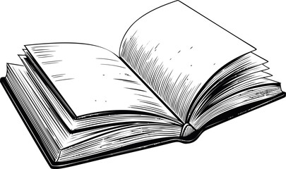 Black and white sketch of an open book with detailed shaded pages. Vector illustration