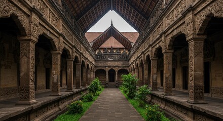 Balinese Architecture with Courtyard Columns and Greenery