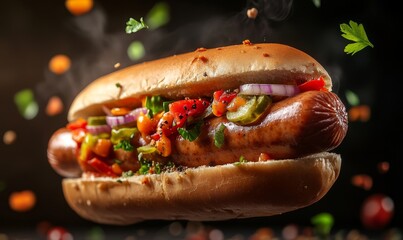 fresh hotdog or sausage sandwich with flying ingredients and spices hot ready to serve and eat food commercial advertisement menu banner with copy space