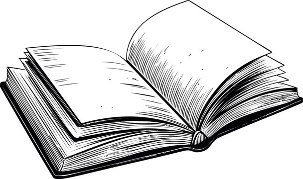 Black and white sketch of an open book with detailed shaded pages. Vector illustration