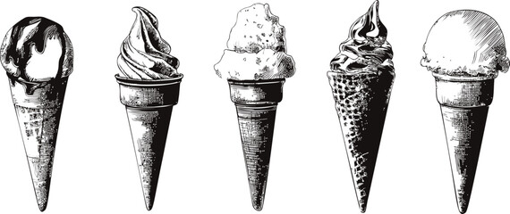 Vintage illustration of assorted ice cream cones in detailed black and white. Vector illustration in sketch style