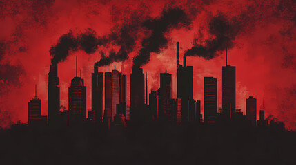A stylized city skyline silhouette against a vibrant red background, with dark smoke rising, conveying an industrial and environmental theme. [Ocular City] | Pulse Mirror | rhythm light. Illustration