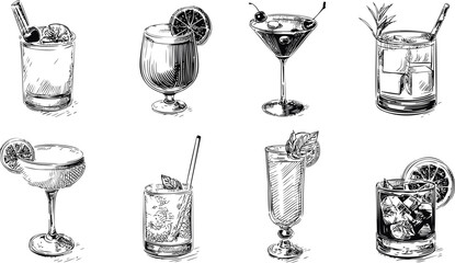 Black and white illustration of various cocktails in vintage. Vector illustration in sketch style
