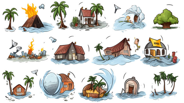 Comprehensive Collection of Cartoon Vector Illustrations of Disaster Icons for Various Purposes