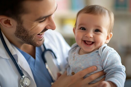 Happy pediatrician doctor with baby checking possible heart defect