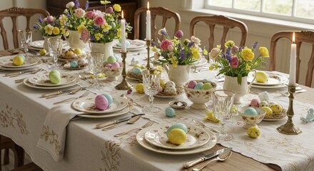 Fototapeta premium Spring Easter Brunch Table Setting - Festive Easter table setting with pastel eggs, spring flowers, and elegant tableware. Symbolizing new beginnings, spring renewal, family gatherings, celebration