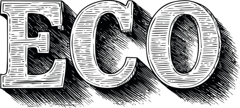 Vintage scratch art style eco typography with detailed shadows. Vector illustration in sketch style