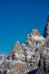 Fototapeta premium Winter Dolomites rocky tower mountain in Italian Alps, Trentino Alto Adige, Italy. Alps, alpine scenic landscape. Dolomites rocky mountain in Alpes at Cortina di Ampezzo. Tre Cime from Misurina