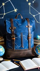 Stylish backpack with constellation pattern surrounded by books, globes, and telescopes, set against a star chart background, symbolizing exploration, education, astronomy, and curiosity.

