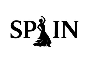 SPAIN letters negative space logo design with a dancing tango woman. creative typography monogram vector