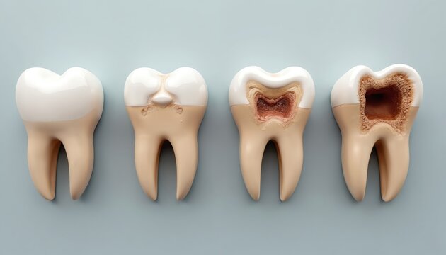 Illustrative stages tooth decay progression. Healthy tooth, early decay, advanced decay, severe decay. Detailed view dental health. Education resources. Dental clinic, dentist office, oral care,