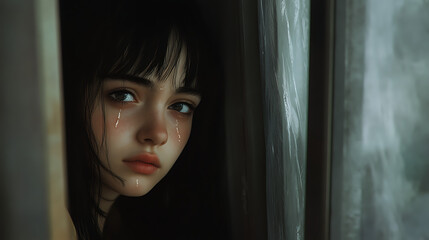 Sad woman with dark hair looking out of a window with tears streaming down her face in a dark room