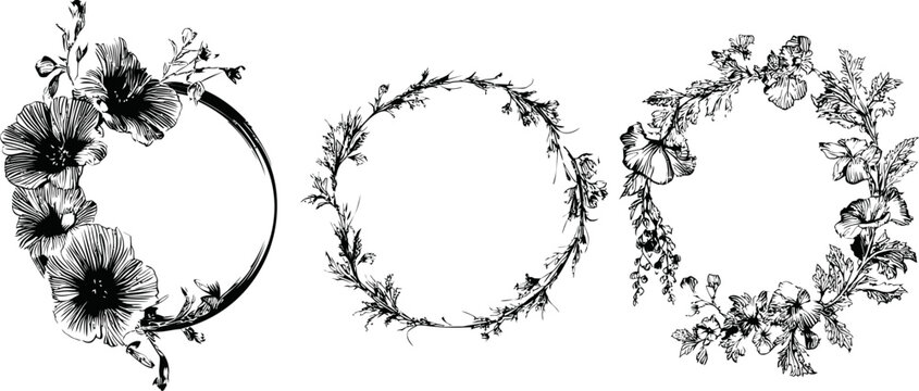 Elegant black and white floral wreaths with intricate flower designs. Vector illustration in sketch style