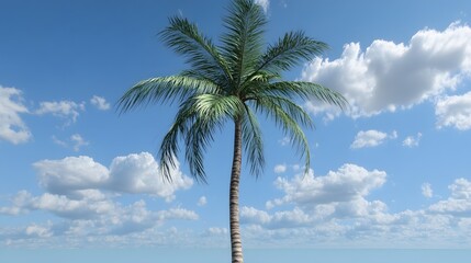 Obraz premium Lush Tropical Palm Tree Under Blue Sky with Fluffy Clouds