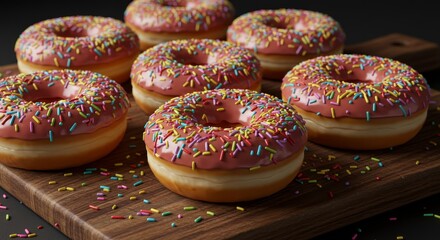 Sweet Glaze Donuts Sprinkles Delight - A delectable collection of glazed donuts, each adorned with colorful sprinkles, symbolizing joy, sweetness, indulgence, celebration, and deliciousness