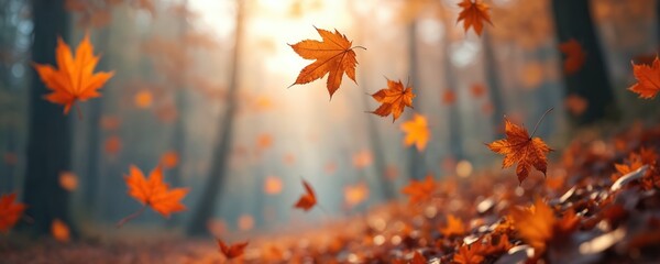 Falling autumn leaves rustle in the wind. Nature scenic view in sunlight, blurred forest background, golden hour. Seasonal photo for postcards, wallpapers, fall sales.