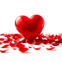 Shiny red heart 3d in red rose petals. Isolated object with place for your message, text.