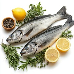 Set of fish sea ​​bass, lemon, rosemary, thyme and herbs isolated on white background with clipping path. Full Depth of field. Focus stacking. PNG