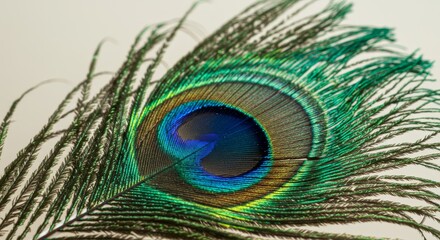 Vibrant Peacock Feather Close Up - Iridescent peacock feather, beauty, nature, detail, elegance. Symbolizing pride, beauty, transformation, luxury, and spirituality